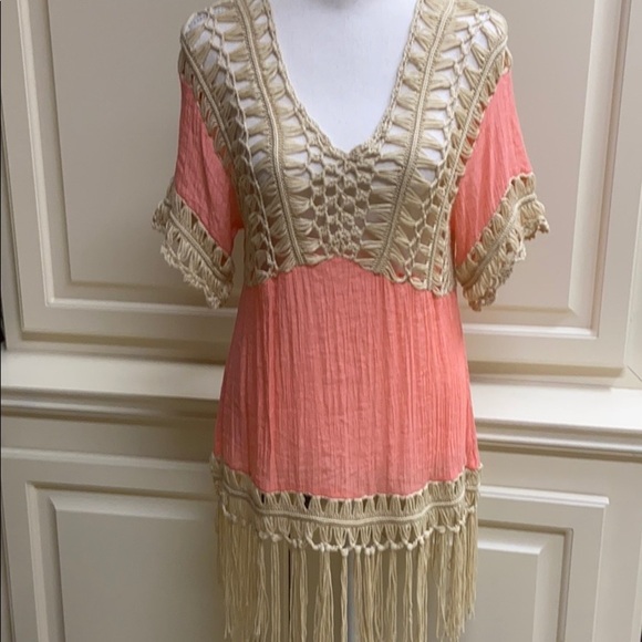 Kori Peach Bohemian Crochet Lace Fringe Top Swim Coverup Dress Gauzy Sz S - Picture 9 of 11